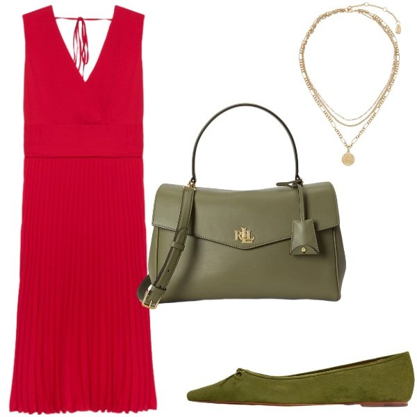 Outfit donna - Bella in rosso. Stile Chic per Tutti i giorni. Abbinamento con vestiti midi/longuette, ciondoli, ballerine, borse a mano.