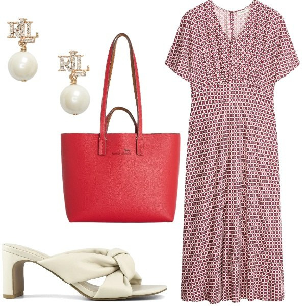 Outfit donna - Abito con stampa geometrica. Stile Chic per Tutti i giorni. Abbinamento con vestiti, shopping bag, orecchini, sandali col tacco.
