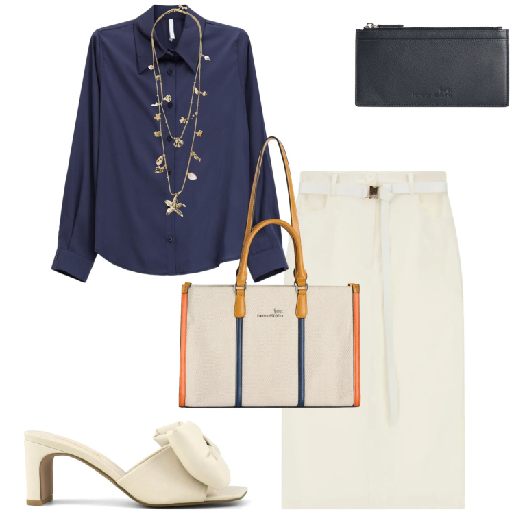 Outfit donna - Minimal chic. Stile Casual chic per Tutti i giorni. Abbinamento con camicie, gonne longuette, collane, portafogli, borse tote, sandali col tacco.