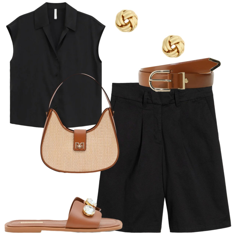 Outfit donna - Classy black. Stile Minimal per Tutti i giorni. Abbinamento con bermuda, cinture, camicie a manica corta, borse a spalla, sandali gioiello, orecchini.