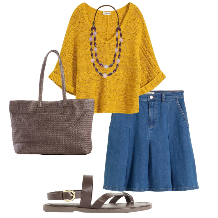 Outfit donna - Tempo libero. Stile Casual per Tutti i giorni. Abbinamento con bluse, sandali, shopping bag, gonne, collane.