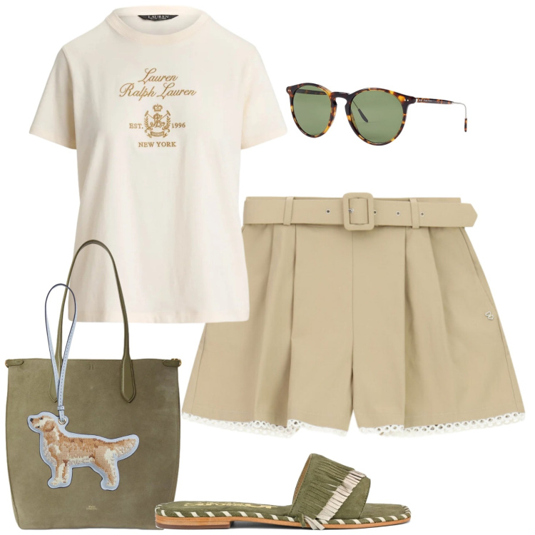 Outfit donna - Colazione con le amiche. Stile Casual chic per Tutti i giorni. Abbinamento con shorts, occhiali da sole, portachiavi, borse tote, t-shirt, ciabatte.