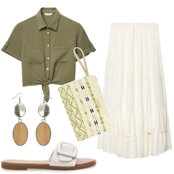 Outfit donna - Estate da vivere. Stile Boho per Tutti i giorni. Abbinamento con camicie a manica corta, gonne lunghe, orecchini, ciabatte, pochette.