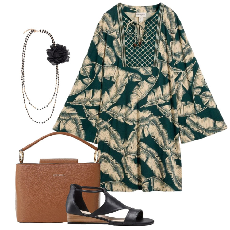 Outfit donna - Etnico spinto. Stile Etnico per Serata fuori. Abbinamento con sandali, vestiti, borse a secchiello, collane.