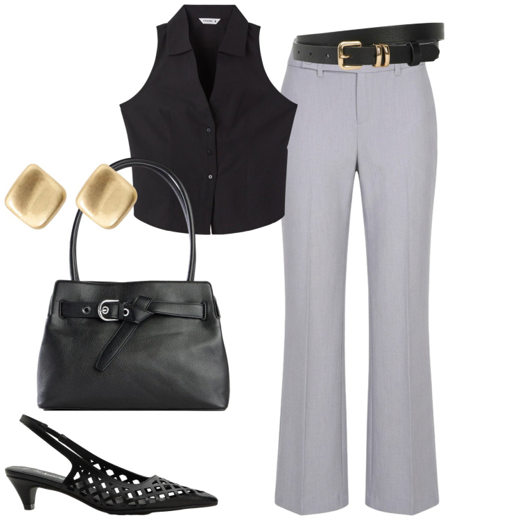 Outfit donna - Quite luxe. Stile Chic per Tutti i giorni. Abbinamento con borse a mano, cinture, décolleté, top, pantaloni, orecchini.