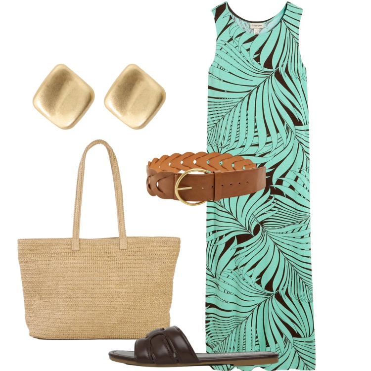 Outfit donna - Felci. Stile Chic per Tutti i giorni. Abbinamento con vestiti, shopping bag, cinture, ciabatte, orecchini.