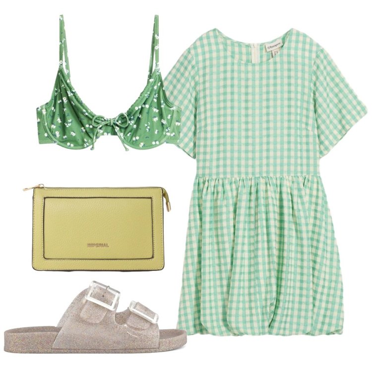 Outfit donna - Vichy verde prato. Stile Bon Ton per Tutti i giorni. Abbinamento con vestiti corti, bikini, borse a tracolla, ciabatte.