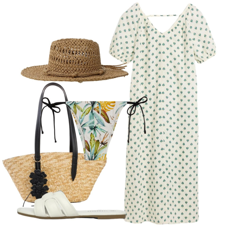 Outfit donna - Bikini e pois. Stile Bon Ton per Mare. Abbinamento con vestiti, shopping bag, ciabatte, cappelli, bikini.