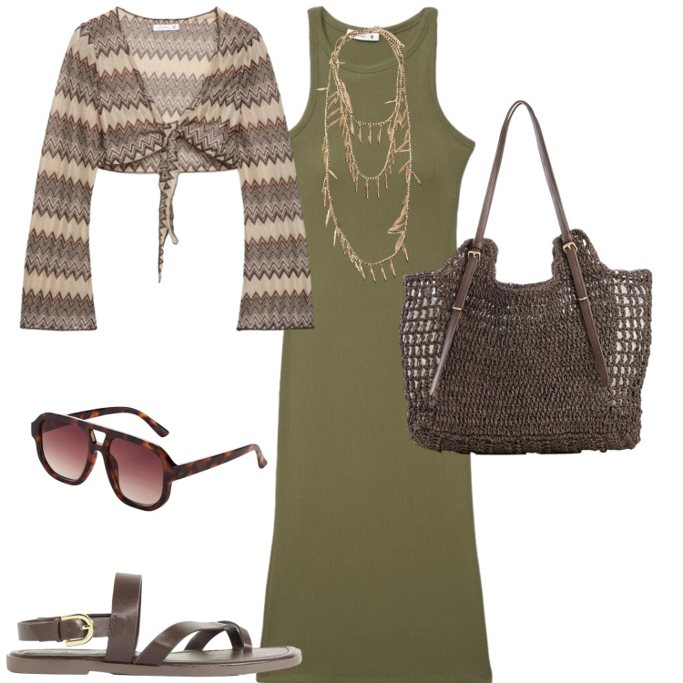 Outfit donna - City. Stile Casual chic per Tutti i giorni. Abbinamento con occhiali da sole, shopping bag, sandali, blazer, vestiti midi/longuette, collane.