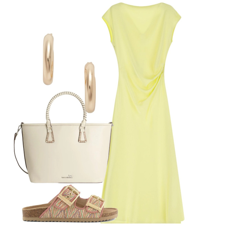 Outfit donna - Light. Stile Bon Ton per Tutti i giorni. Abbinamento con vestiti midi/longuette, shopping bag, orecchini, sandali.