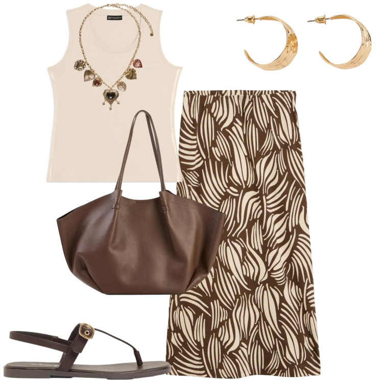 Outfit donna - Giugno in città. Stile Urban per Tutti i giorni. Abbinamento con gonne, sandali, orecchini, shopping bag, canottiere, collane.