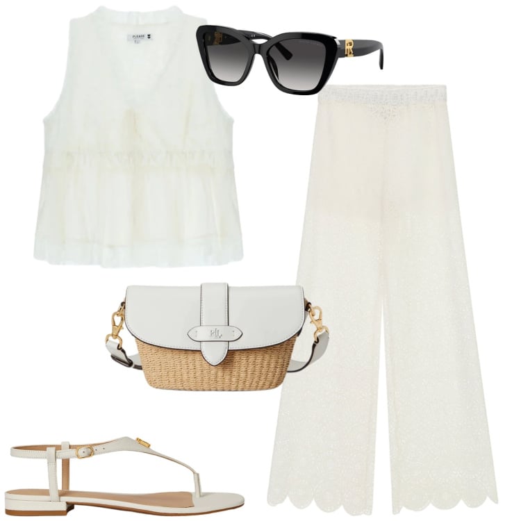 Outfit donna - Pizzo. Stile Romantica per Tutti i giorni. Abbinamento con top, pantaloni a palazzo, occhiali da sole, sandali in pelle, borse a spalla.