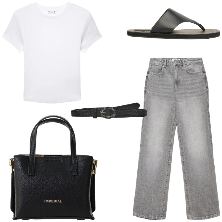 Outfit donna - T-shirt & jeans basic chic. Stile Minimal per Tutti i giorni. Abbinamento con infradito, cinture, jeans dritti, t-shirt, borse a tracolla.