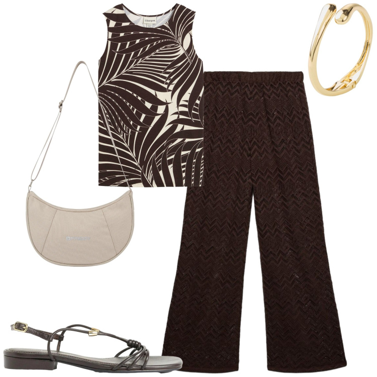Outfit donna - Giugno. Stile Urban per Tutti i giorni. Abbinamento con top, braccialetti, sandali, pantaloni, borse a spalla.