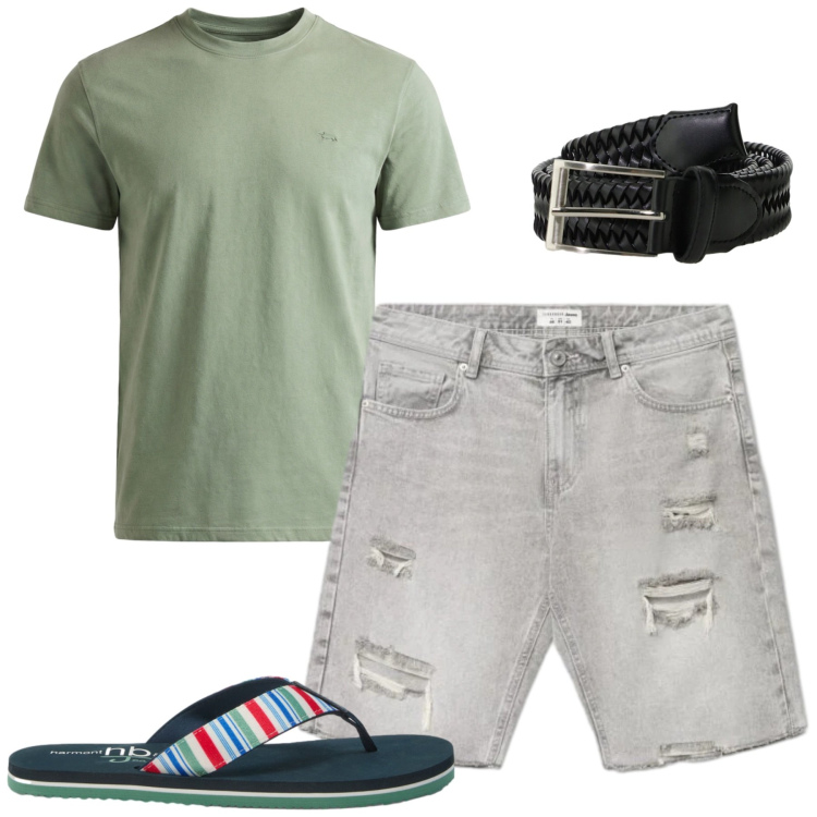 Outfit uomo - Weekend. Stile Casual per Tutti i giorni. Abbinamento con shorts, cinture, t-shirt, sandali.