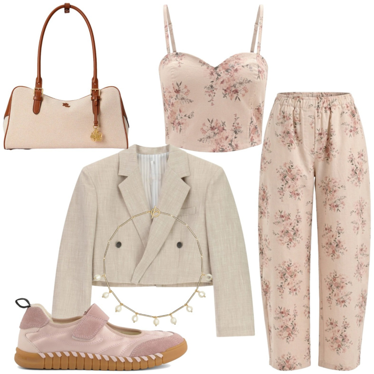 Outfit donna - Estate. Stile Casual per Tutti i giorni. Abbinamento con pantaloni, canottiere, blazer, borse a mano, collane, ballerine.