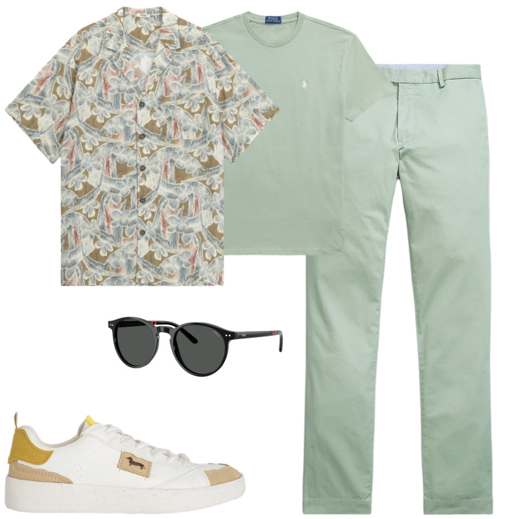 Outfit uomo - Giugno. Stile Casual per Tutti i giorni. Abbinamento con camicie a manica corta, sneakers, pantaloni, occhiali da sole, t-shirt.