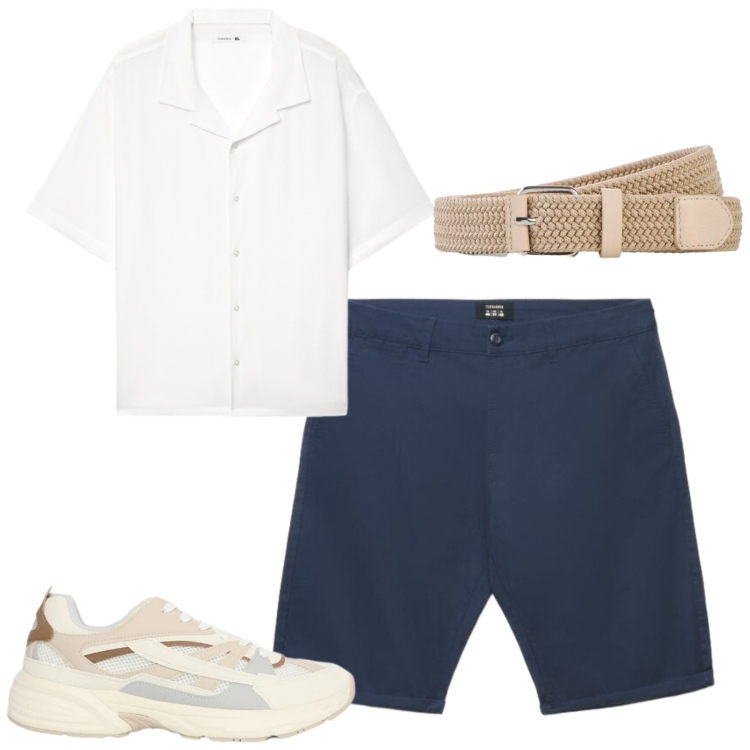 Outfit uomo - Giugno. Stile Casual per Tutti i giorni. Abbinamento con cinture, sneakers, camicie a manica corta, pantaloni corti.