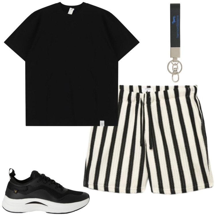 Outfit uomo - Giugno. Stile Casual per Mare. Abbinamento con pantaloni corti, t-shirt, portachiavi, sneakers.