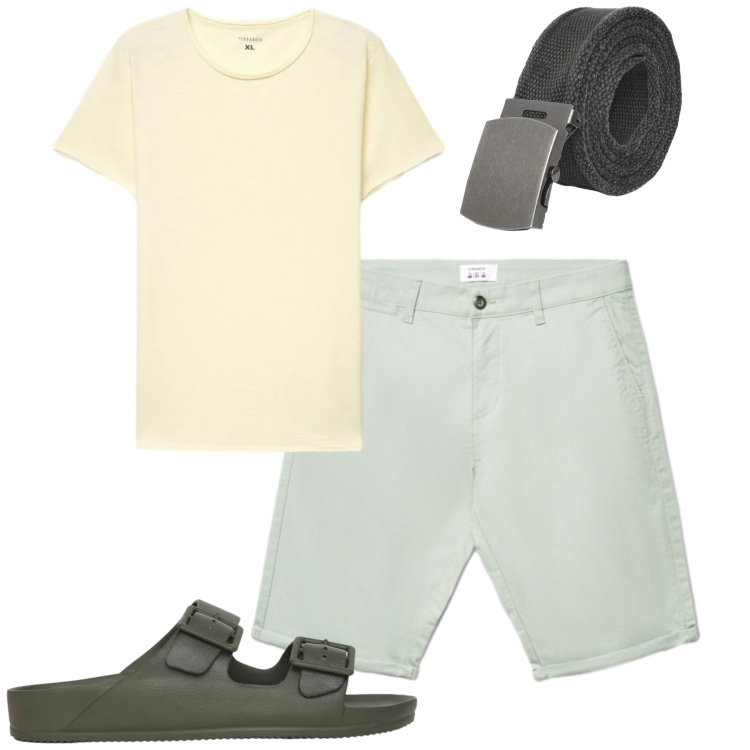 Outfit uomo - In piscina. Stile Casual per Tutti i giorni. Abbinamento con cinture, shorts, sandali, t-shirt.