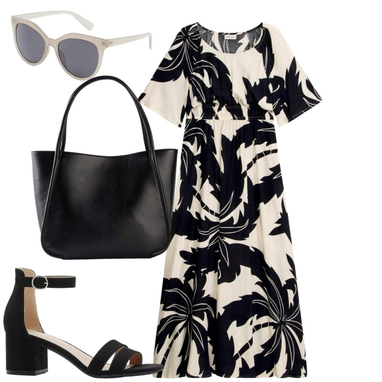 Outfit donna - Giugno. Stile Urban per Tutti i giorni. Abbinamento con vestiti lunghi, shopping bag, sandali col tacco, occhiali da sole.