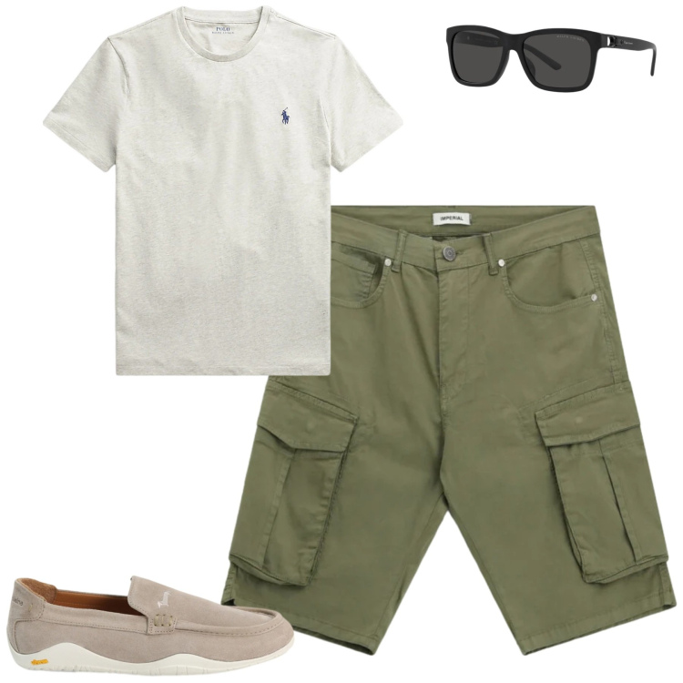 Outfit uomo - Total look #2417082. Stile Casual per Tutti i giorni. Abbinamento con bermuda, scarpe stringate, t-shirt, occhiali da sole.