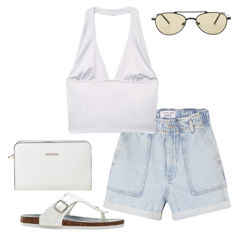 Outfit donna - Chic estivo in città. Stile Casual chic per Tutti i giorni. Abbinamento con infradito, cappelli, shorts, top, occhiali da sole, borse a tracolla.