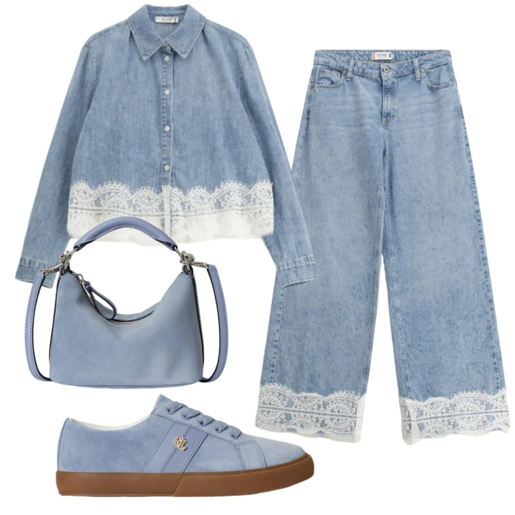 Outfit donna - Total look #2417084. Stile Trendy per Ufficio. Abbinamento con jeans, camicie, sneakers, borse a spalla.
