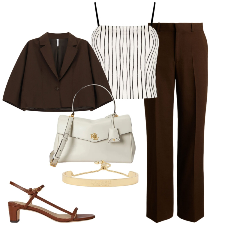 Outfit donna - Total look #2417085. Stile Urban per Tutti i giorni. Abbinamento con blazer, canottiere, pantaloni, sandali in pelle, borse a mano, braccialetti.