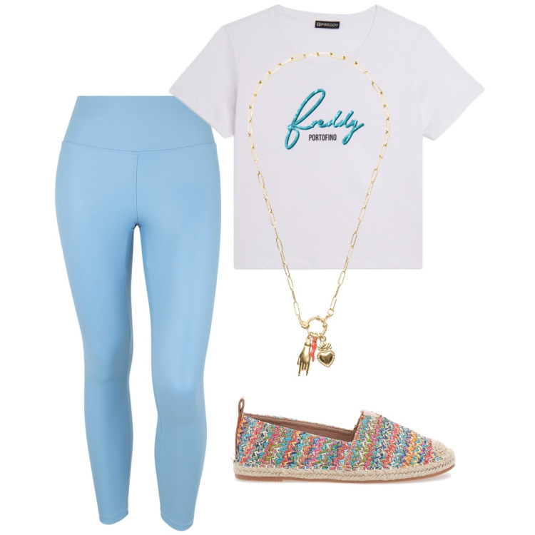 Outfit donna - Summer. Stile Casual per Tutti i giorni. Abbinamento con ciondoli, leggings, t-shirt, espadrillas.
