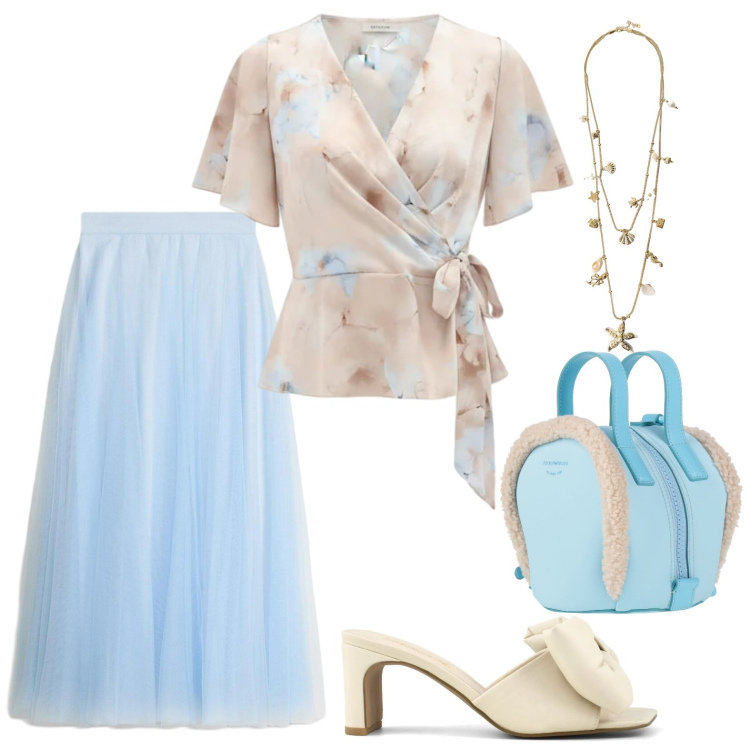 Outfit donna - Summer. Stile Chic per Ufficio. Abbinamento con zaini, gonne lunghe, bluse, collane, sandali col tacco.