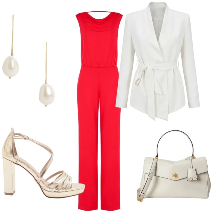Outfit donna - Rosso & oro. Stile Chic per Serata fuori. Abbinamento con tute, sandali col tacco, blazer, borse a mano, orecchini.