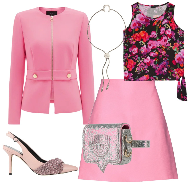 Outfit donna - Femminilità. Stile Casual chic per Tutti i giorni. Abbinamento con décolleté, marsupi, minigonne, blazer, top, braccialetti con ciondoli.