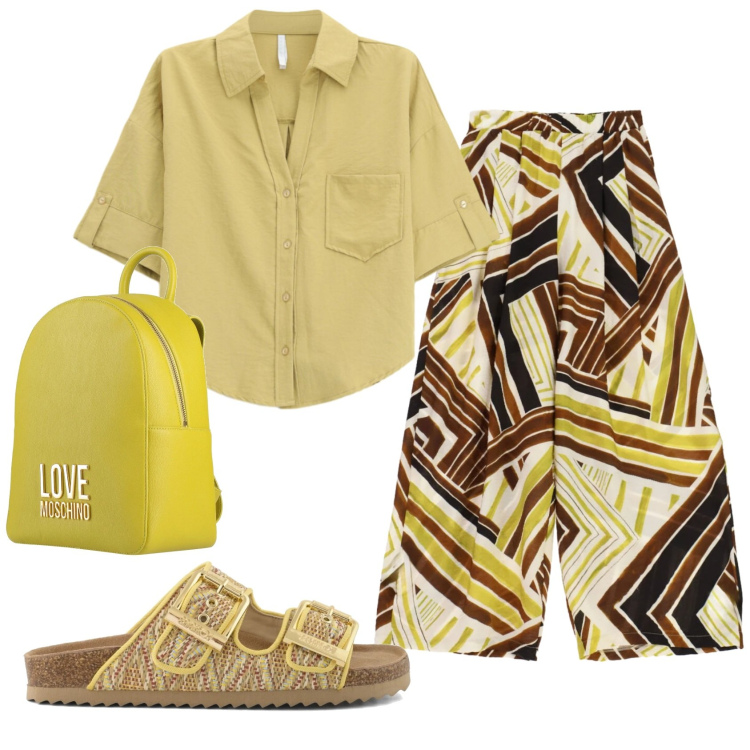 Outfit donna - Total look #2417105. Stile Trendy per Tutti i giorni. Abbinamento con zaini, camicie a manica corta, pantaloni a palazzo, sandali.