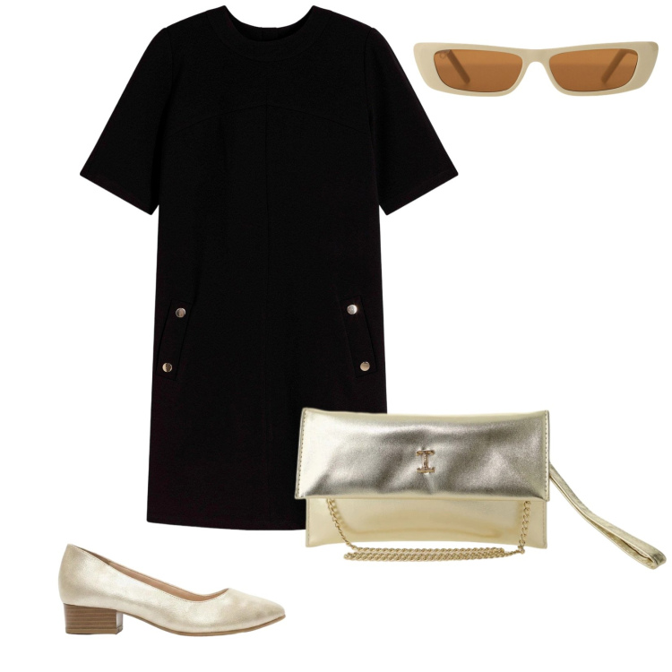 Outfit donna - Nero e oro. Stile Bon Ton per Tutti i giorni. Abbinamento con vestiti corti, décolleté, borse a tracolla, occhiali da sole.