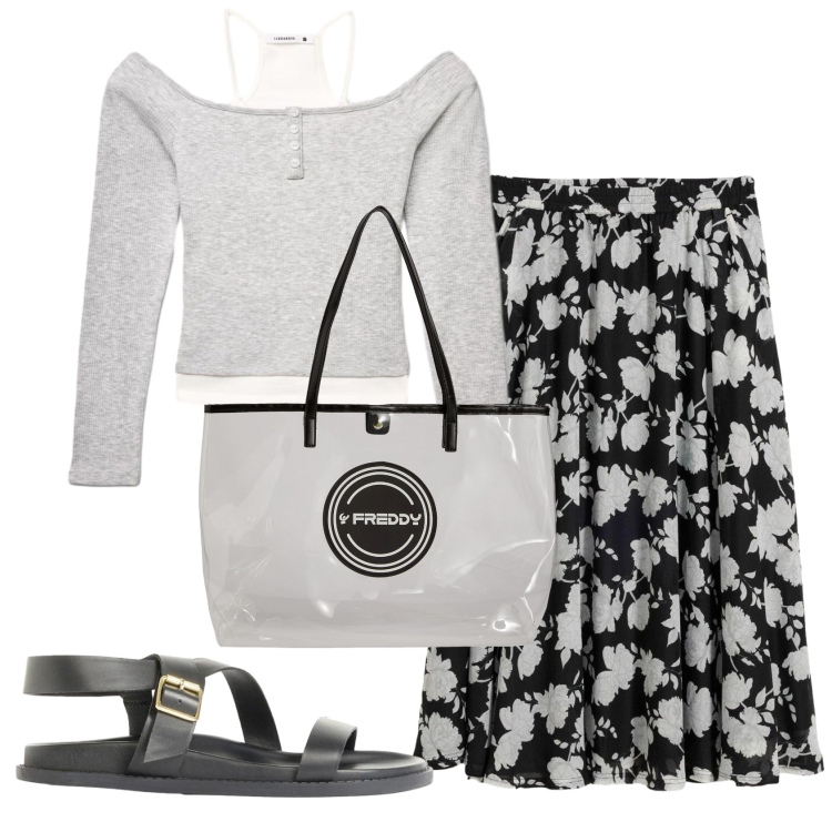 Outfit donna - Total look #2417112. Stile Basic per Tutti i giorni. Abbinamento con sandali, gonne lunghe, t-shirt, shopping bag.