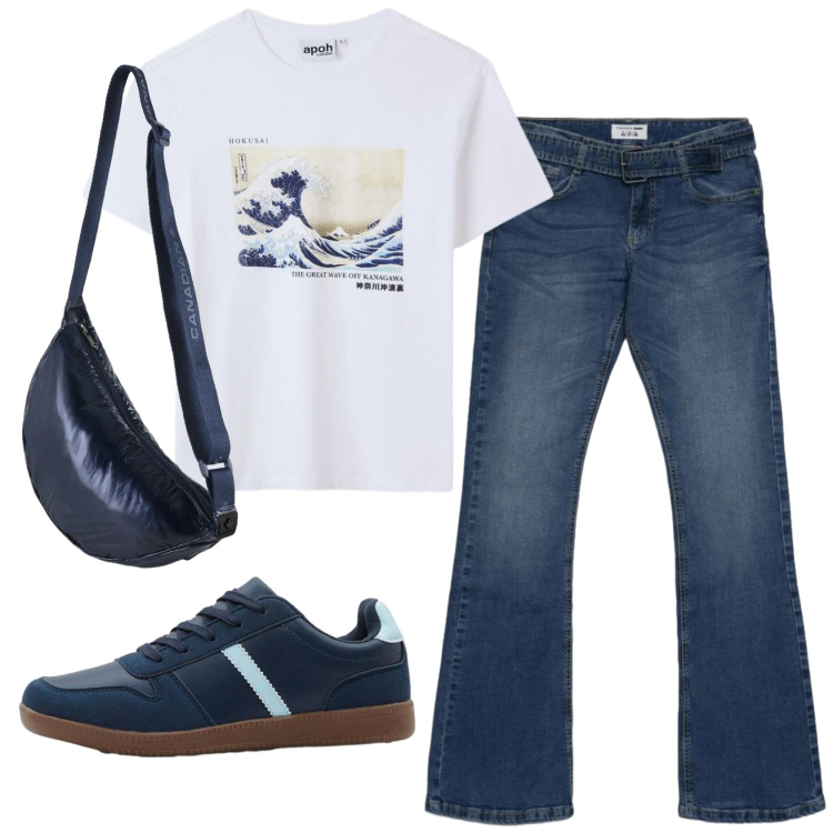 Outfit donna - Total look #2417114. Stile Casual per Tutti i giorni. Abbinamento con sneakers, jeans a zampa, t-shirt, borse a tracolla.