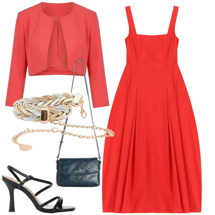 Outfit donna - Summer. Stile Casual chic per Tutti i giorni. Abbinamento con borse a tracolla, vestiti midi/longuette, sandali col tacco, cinture, bolero.