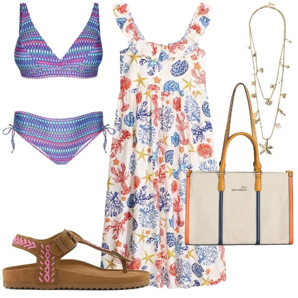 Outfit donna - Abiti Curvy fluidi sotto il sole. Stile Casual chic per Mare. Abbinamento con vestiti midi/longuette, collane, borse tote, bikini, infradito.