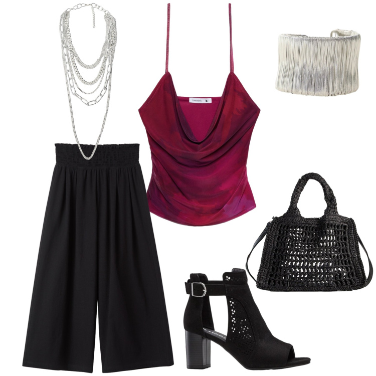 Outfit donna - Aperitivo con amici. Abbinamento con sandali col tacco, borse a tracolla, top, pantaloni, braccialetti, collane.