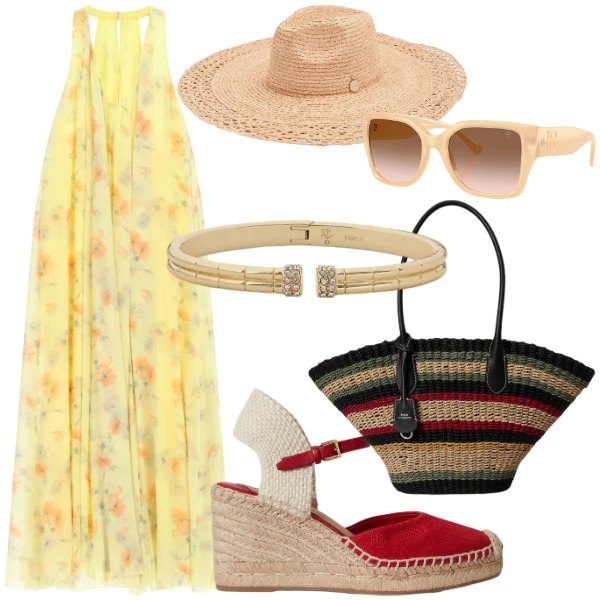 Outfit donna - Abiti fluidi sotto il sole Curvy. Stile Casual chic per Tutti i giorni. Abbinamento con cappelli, vestiti lunghi, occhiali da sole, borse tote, zeppe, braccialetti.