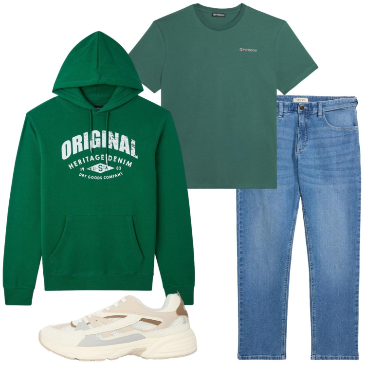 Outfit uomo - Abbigliamento comodo. Stile Casual per Tutti i giorni. Abbinamento con jeans dritti, sneakers, felpe con cappuccio, t-shirt.