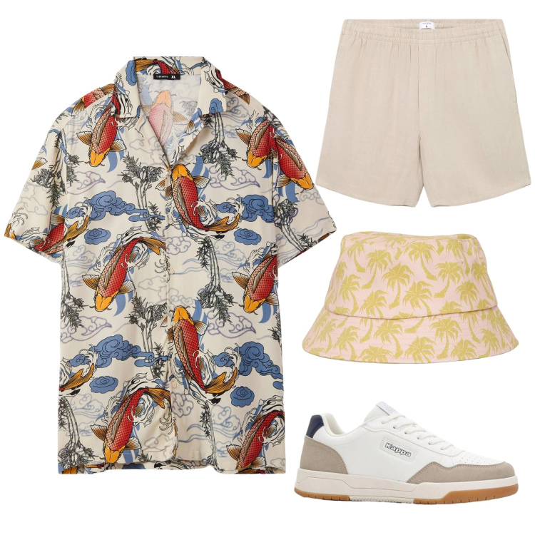 Outfit uomo - Hawai. Abbinamento con cappelli con visiera, camicie a manica corta, pantaloni corti, sneakers.