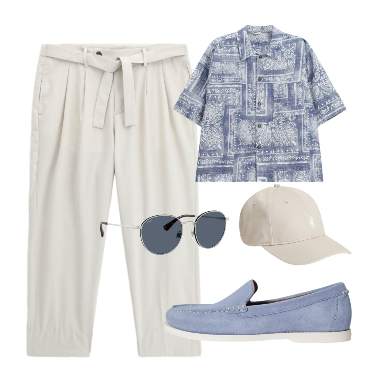 Outfit uomo - Look da weekend. Stile Casual per Mare. Abbinamento con camicie a manica corta, pantaloni chino, cappelli, occhiali da sole, scarpe stringate.