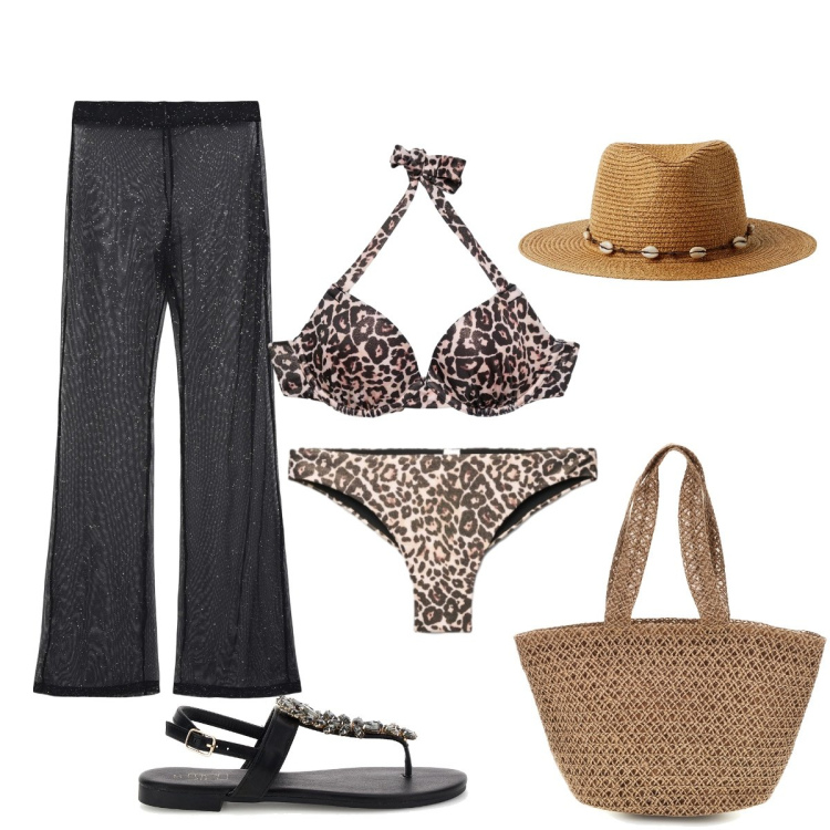 Outfit donna - Il bikini animalier. Stile Glamour per Mare. Abbinamento con cappelli, vestiti da spiaggia, slip, bikini, borse a spalla, sandali gioiello.