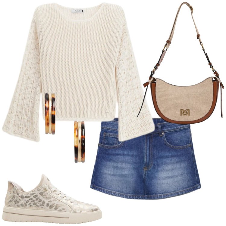 Outfit donna - La sera in passeggiata. Stile Sporty chic per Serata fuori. Abbinamento con sneakers, shorts, borse a tracolla, maglieria, orecchini.