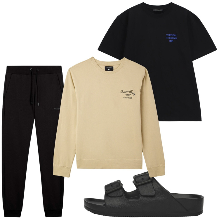 Outfit uomo - Linee pulite. Stile Casual per Tutti i giorni. Abbinamento con felpe, sandali, t-shirt, pantaloni.