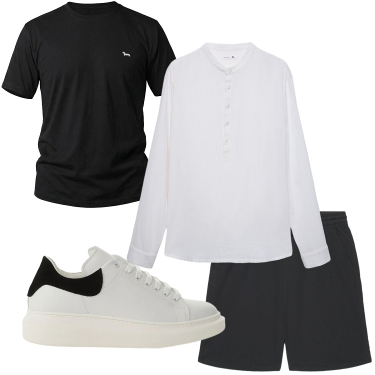Outfit uomo - Look contemporaneo. Stile Trendy per Tutti i giorni. Abbinamento con camicie, shorts, sneakers, t-shirt.