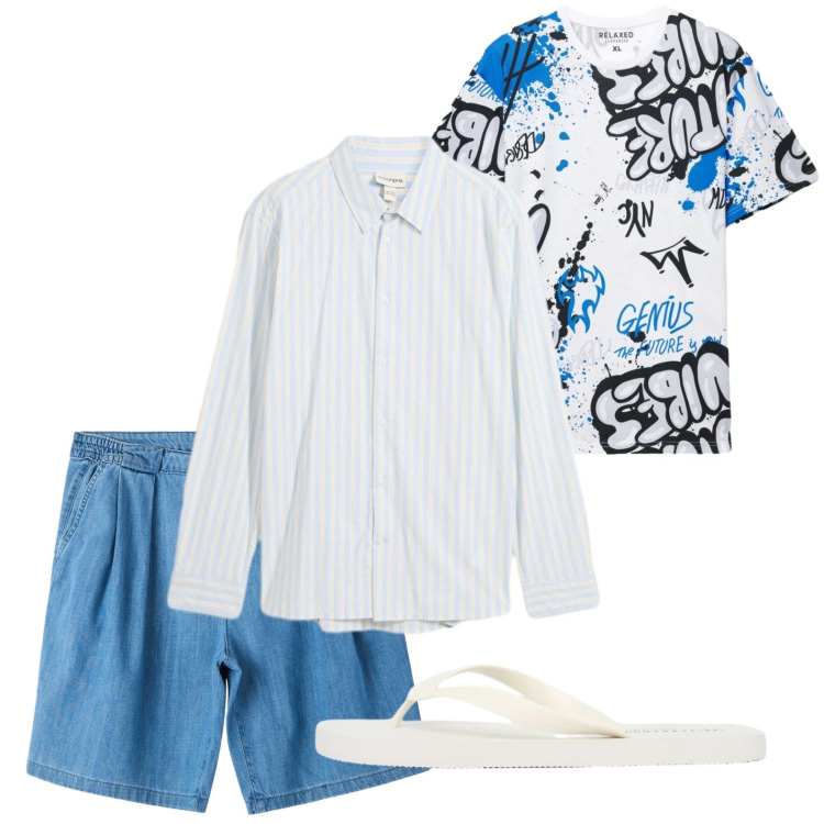 Outfit uomo - Mix comodo. Stile Trendy per Tutti i giorni. Abbinamento con camicie, shorts, t-shirt, sandali.