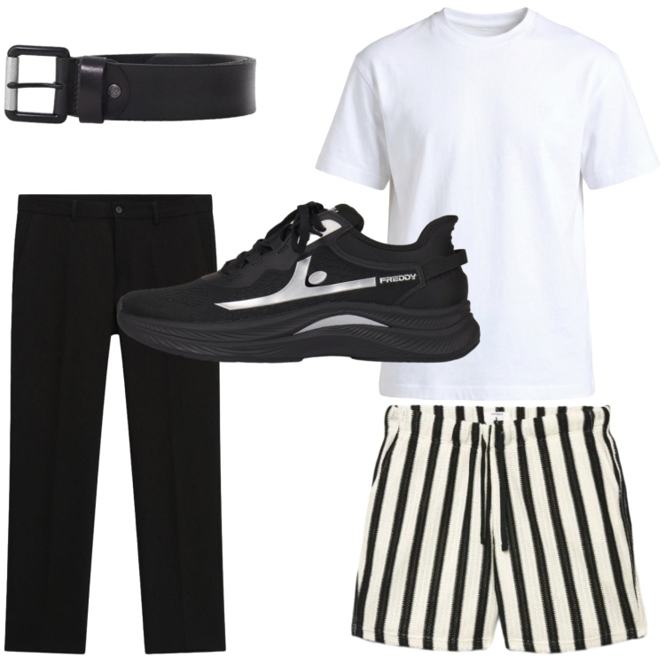 Outfit uomo - Outfit da mare. Stile Casual per Mare. Abbinamento con pantaloni corti, cinture, pantaloni, t-shirt, sneakers.